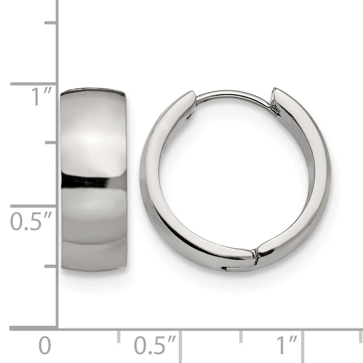 Two polished silver-tone chunky huggie hoop earrings shown from front and side views against a measurement scale indicating approximately one inch in length and half inch in width.
