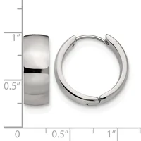 Two polished silver-tone chunky huggie hoop earrings shown from front and side views against a measurement scale indicating approximately one inch in length and half inch in width.