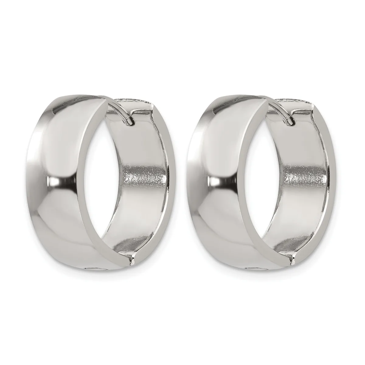 A pair of polished silver-toned chunky hoop earrings with hinged closures, shown from the front against a white background.