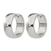 A pair of polished silver-toned chunky hoop earrings with hinged closures, shown from the front against a white background.