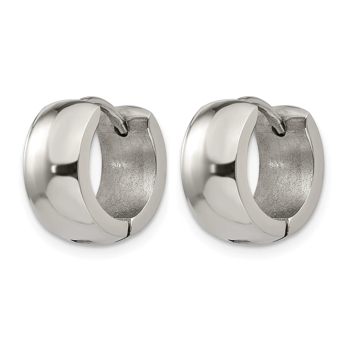 A pair of polished silver chunky hoop earrings with a high-shine finish and hinged closure, shown from the front.