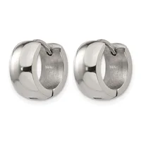 A pair of polished silver chunky hoop earrings with a high-shine finish and hinged closure, shown from the front.
