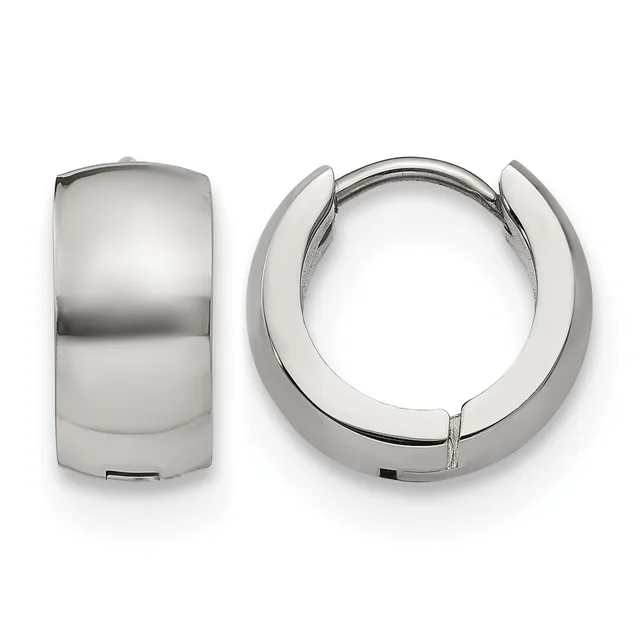 A pair of polished silver-tone chunky hinged hoop earrings shown from front and side views.