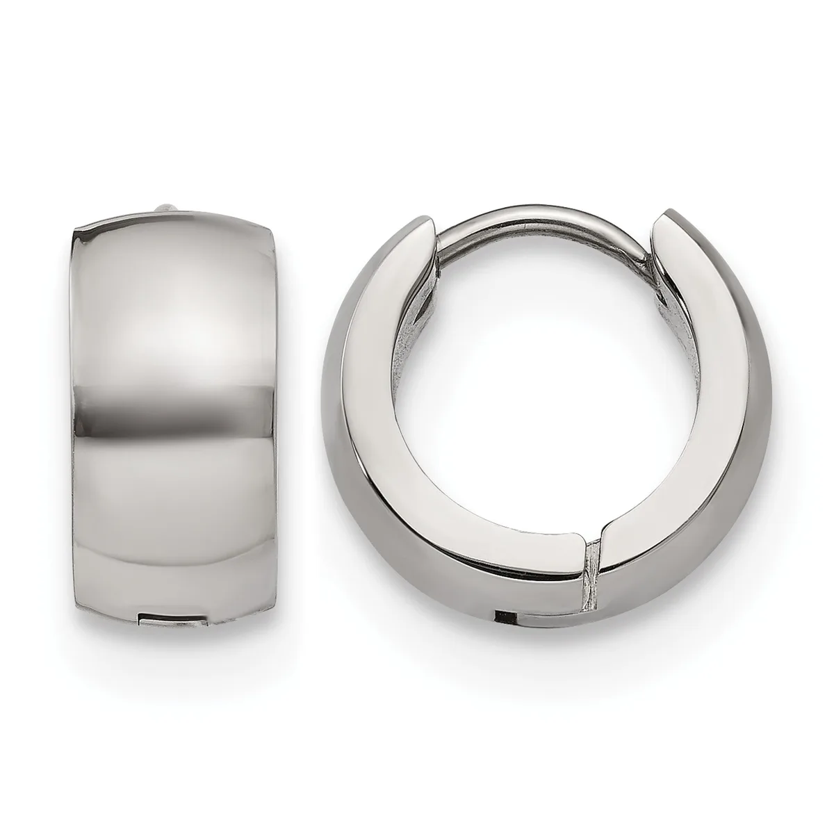 A pair of polished silver-tone chunky hinged hoop earrings shown from front and side views.