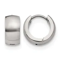 A pair of polished silver-tone chunky hinged hoop earrings shown from front and side views.