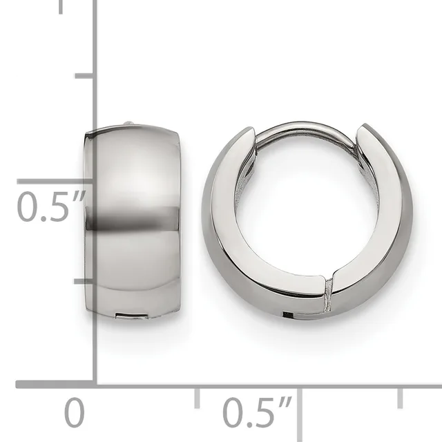 A pair of polished silver hoop earrings shown from front and side views with a measurement scale indicating 0.5 inches in height.