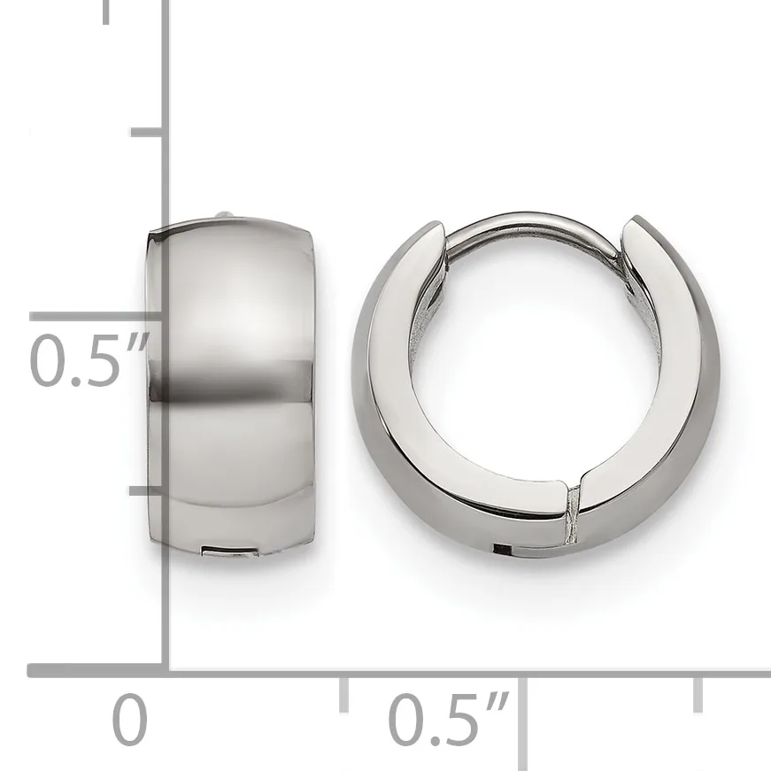 A pair of polished silver hoop earrings shown from front and side views with a measurement scale indicating 0.5 inches in height.