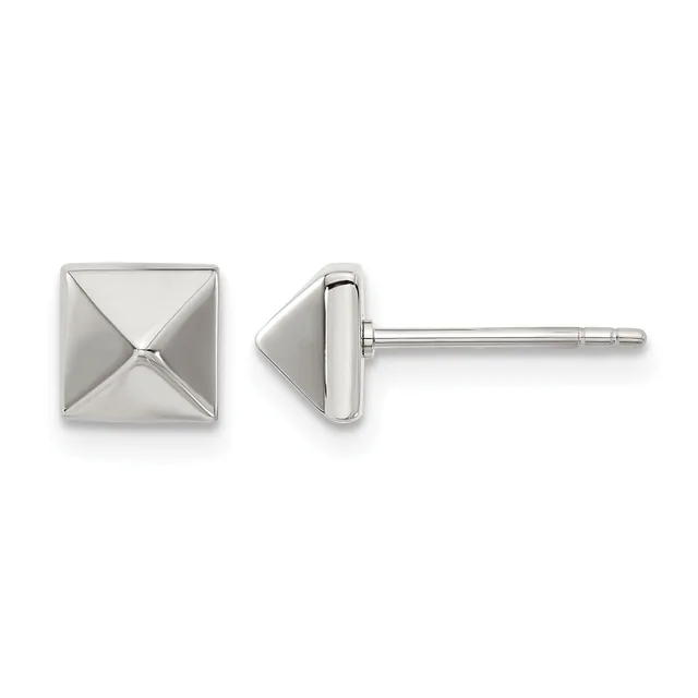 Pair of polished silver square stud earrings with pyramidal centers, shown from front and side views.