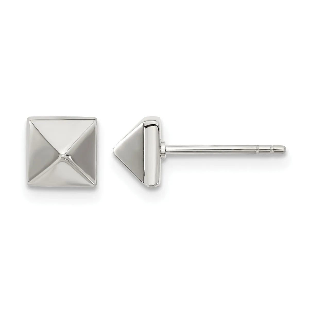 Pair of polished silver square stud earrings with pyramidal centers, shown from front and side views.