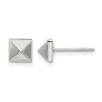 Pair of polished silver square stud earrings with pyramidal centers, shown from front and side views.