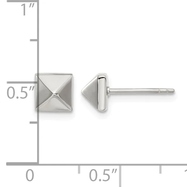 A pair of square pyramid stud earrings with posts and backs, shown front and side view with a measurement scale indicating approximately 0.5 inches wide.