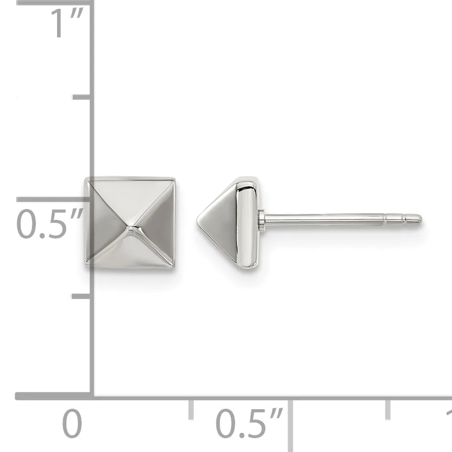A pair of square pyramid stud earrings with posts and backs, shown front and side view with a measurement scale indicating approximately 0.5 inches wide.