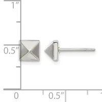 A pair of square pyramid stud earrings with posts and backs, shown front and side view with a measurement scale indicating approximately 0.5 inches wide.