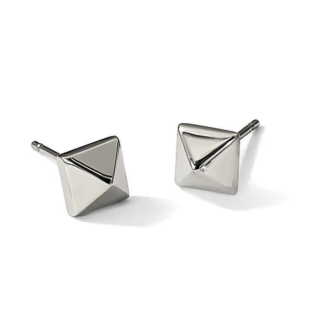 A pair of polished silver stud earrings with square faces and triangular geometric designs, displayed against a white background.