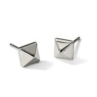A pair of polished silver stud earrings with square faces and triangular geometric designs, displayed against a white background.