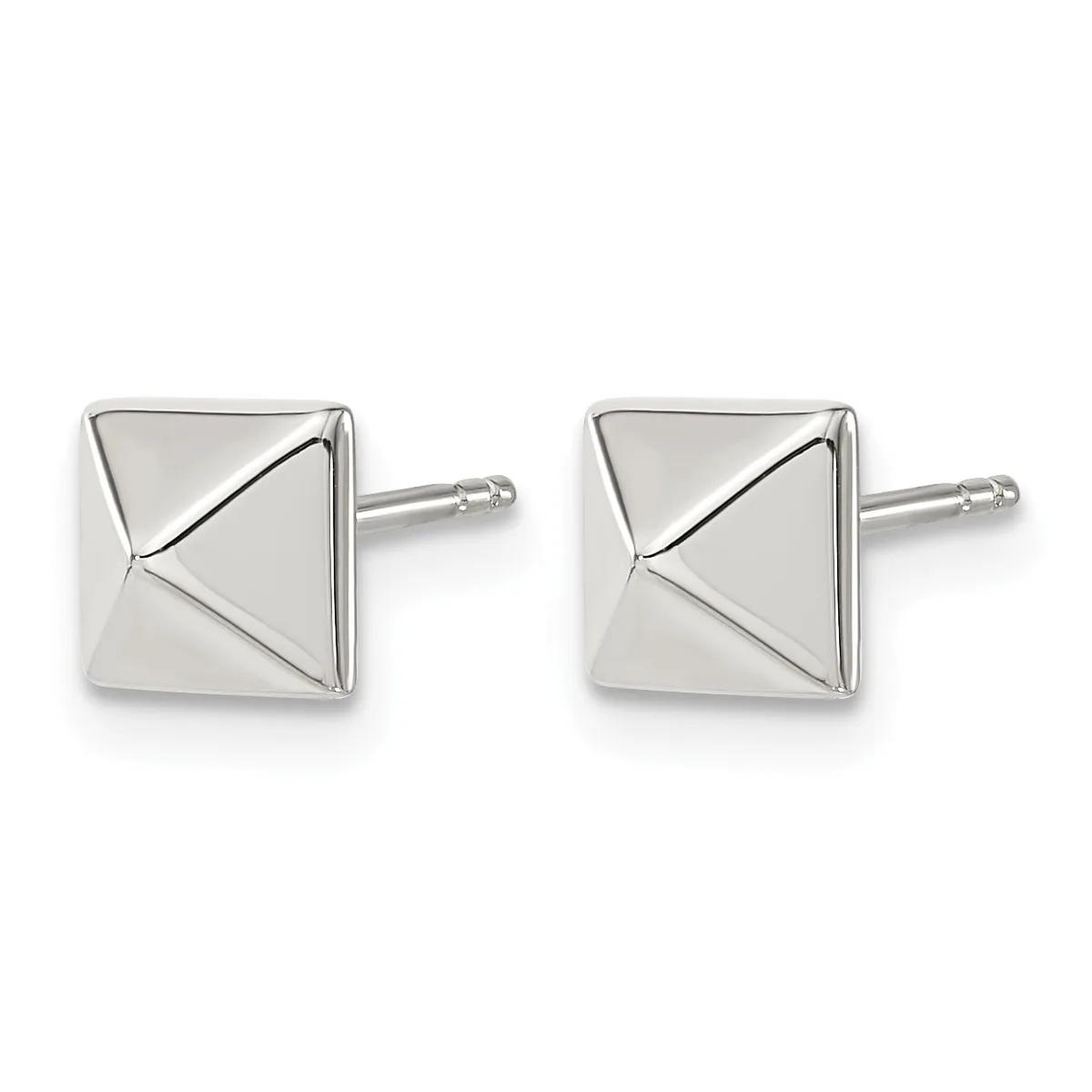 A pair of polished silver square stud earrings with pyramid-textured faces and thin posts, displayed side by side.
