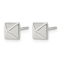 A pair of polished silver square stud earrings with pyramid-textured faces and thin posts, displayed side by side.