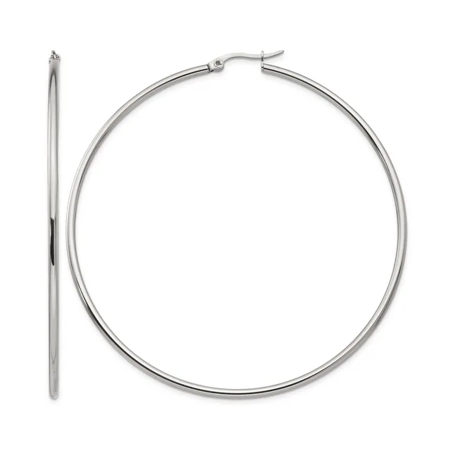 A pair of polished silver-toned hoop earrings shown from front and side views, featuring a hinged post closure.