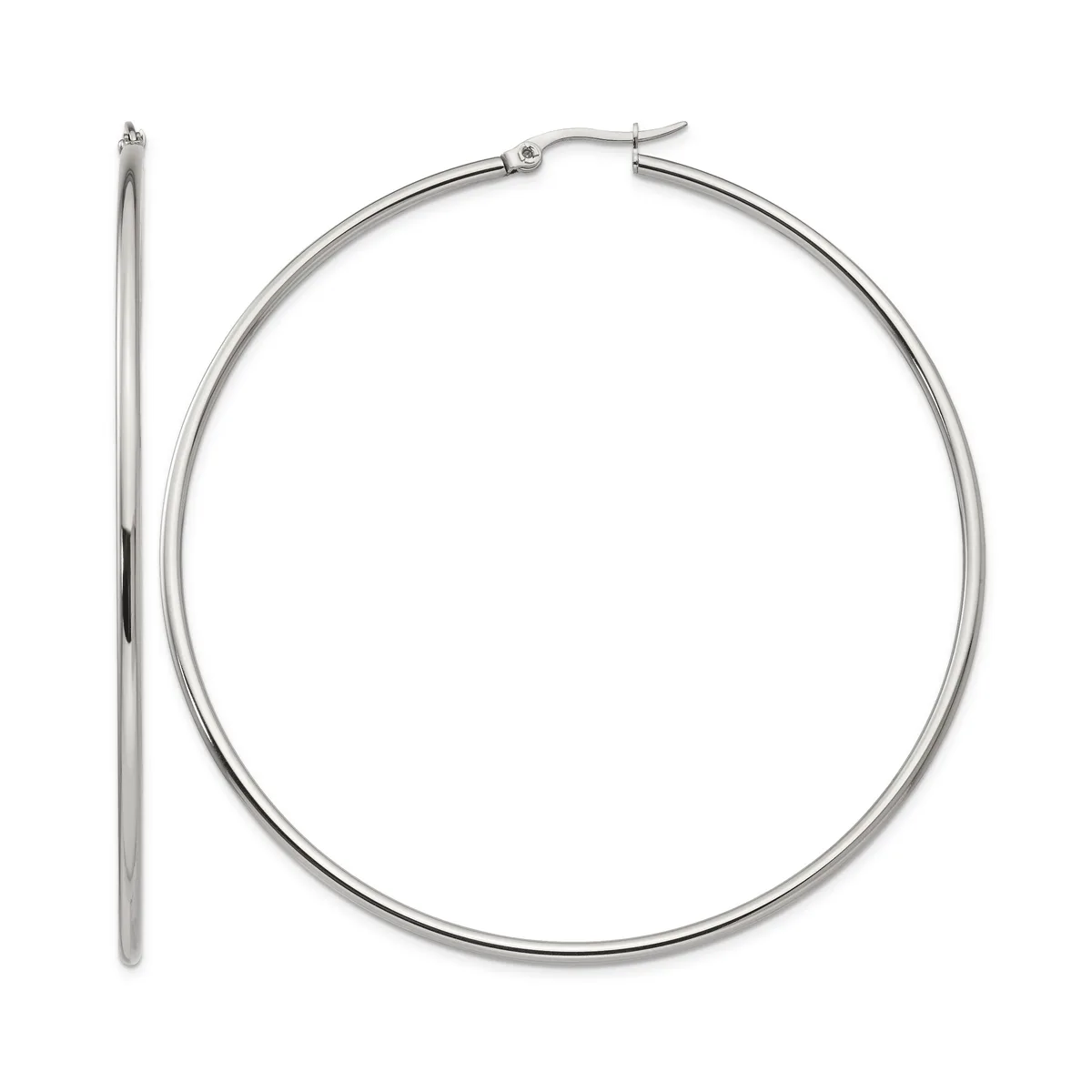 A pair of polished silver-toned hoop earrings shown from front and side views, featuring a hinged post closure.