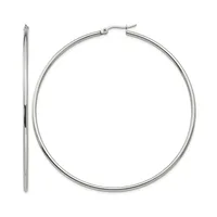 A pair of polished silver-toned hoop earrings shown from front and side views, featuring a hinged post closure.