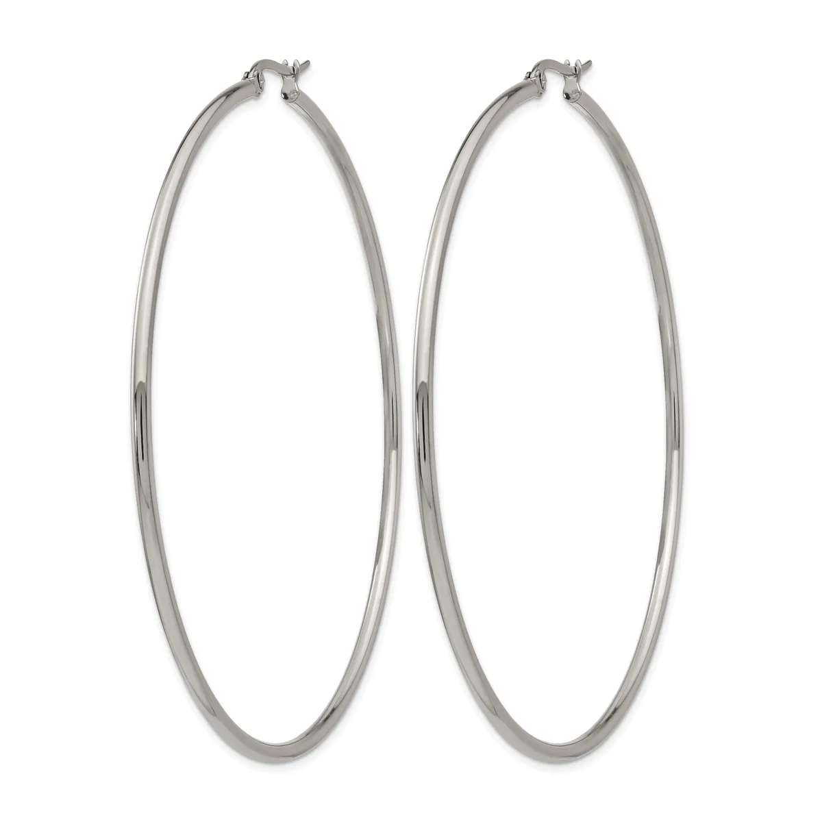 A pair of large silver-toned hoop earrings with a polished finish and hinged posts, displayed side by side against a white background.
