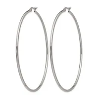 A pair of large silver-toned hoop earrings with a polished finish and hinged posts, displayed side by side against a white background.