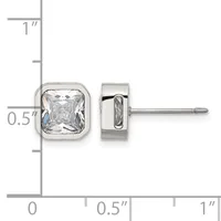 A pair of square stud earrings with bezel-set clear gemstones in polished silver metal, shown front and side view against a measurement scale.