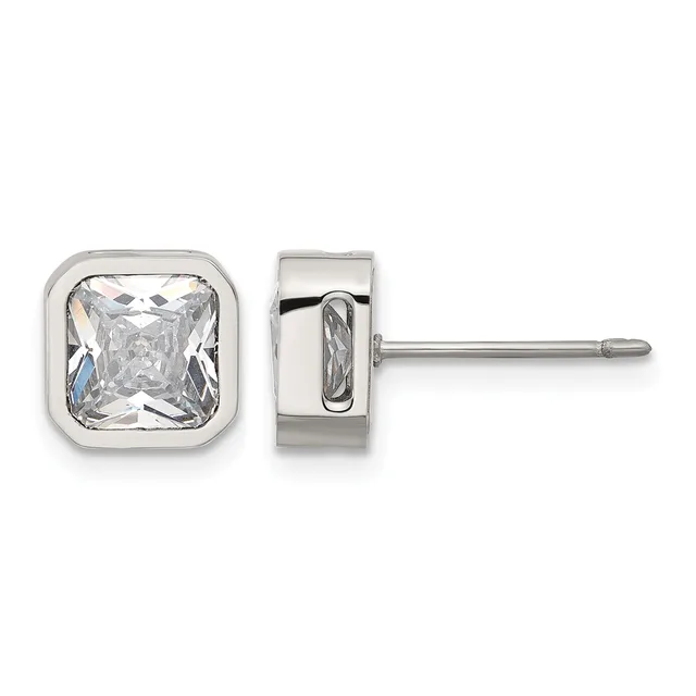 A pair of silver stud earrings with square bezels containing clear faceted gemstones, shown from front and side views.