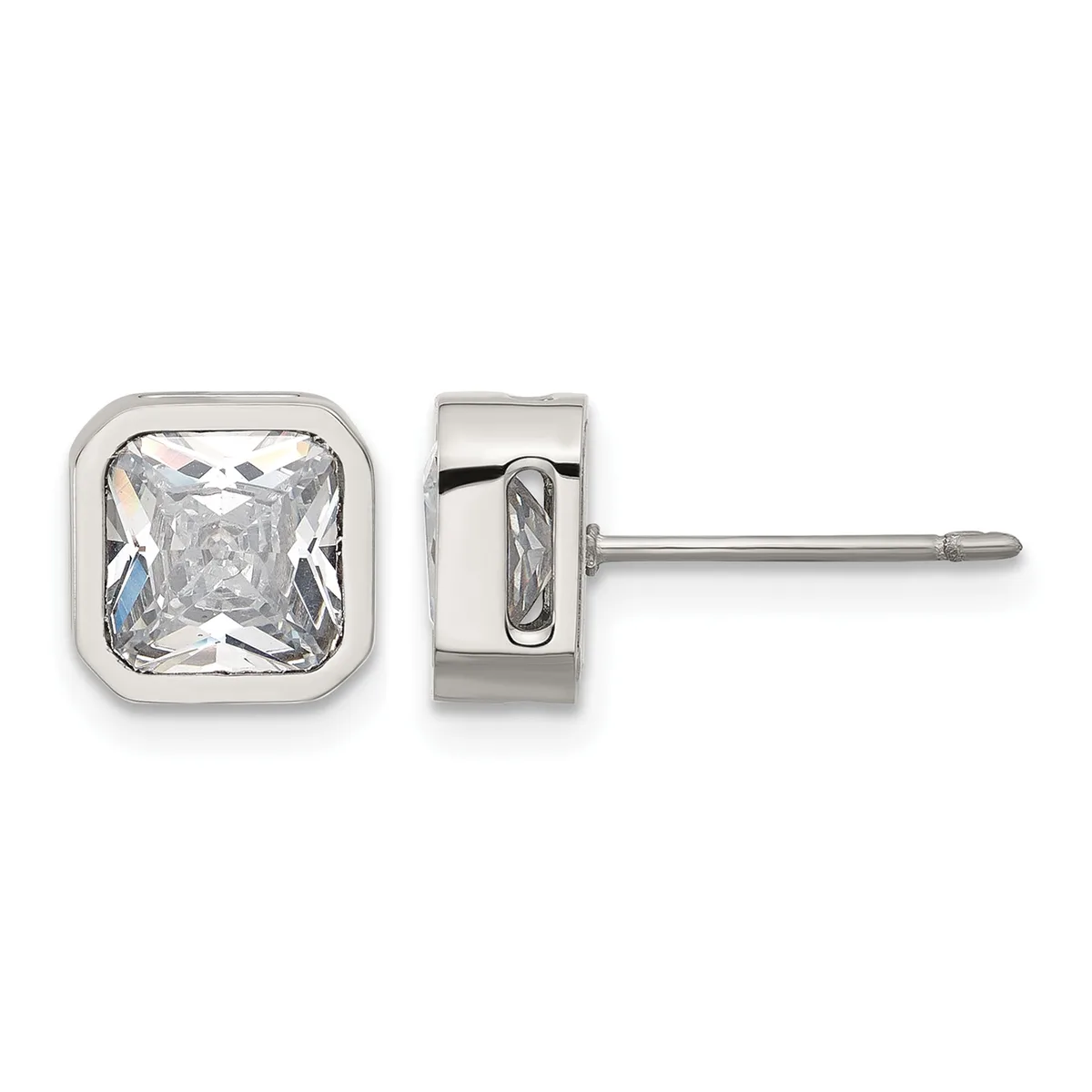 A pair of silver stud earrings with square bezels containing clear faceted gemstones, shown from front and side views.