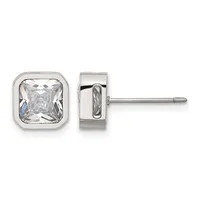 A pair of silver stud earrings with square bezels containing clear faceted gemstones, shown from front and side views.