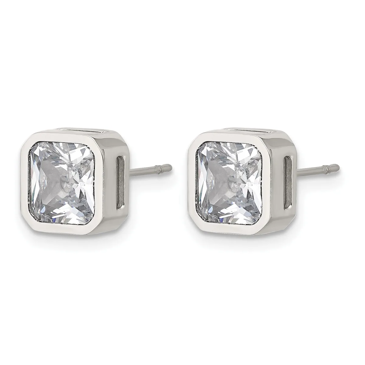 A pair of silver stud earrings with square bezels containing clear rectangular cut crystals, shown from the front against a white background.