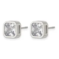 A pair of silver stud earrings with square bezels containing clear rectangular cut crystals, shown from the front against a white background.