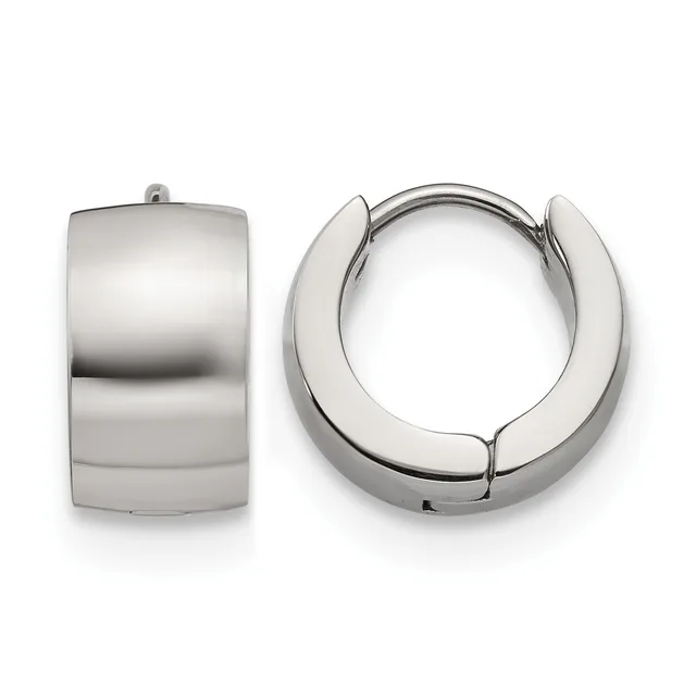 Pair of polished silver-toned chunky hoop earrings shown from front and side angles displaying the hinged closure mechanism.