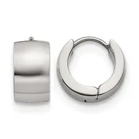 Pair of polished silver-toned chunky hoop earrings shown from front and side angles displaying the hinged closure mechanism.