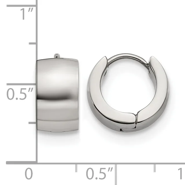 Pair of polished silver-toned chunky hoop earrings with a hinged closure, shown next to a measurement scale indicating approximately half an inch in width and height.