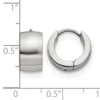 Pair of polished silver-toned chunky hoop earrings with a hinged closure, shown next to a measurement scale indicating approximately half an inch in width and height.