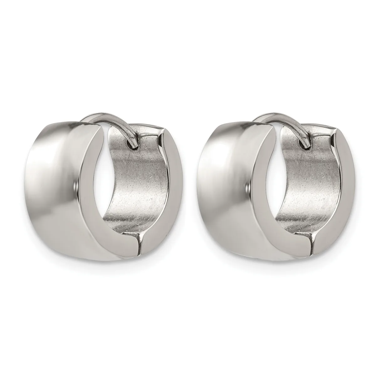 A pair of polished silver-toned chunky hoop earrings with a hinged clasp closure, shown from the front and back.