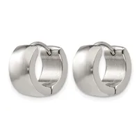 A pair of polished silver-toned chunky hoop earrings with a hinged clasp closure, shown from the front and back.