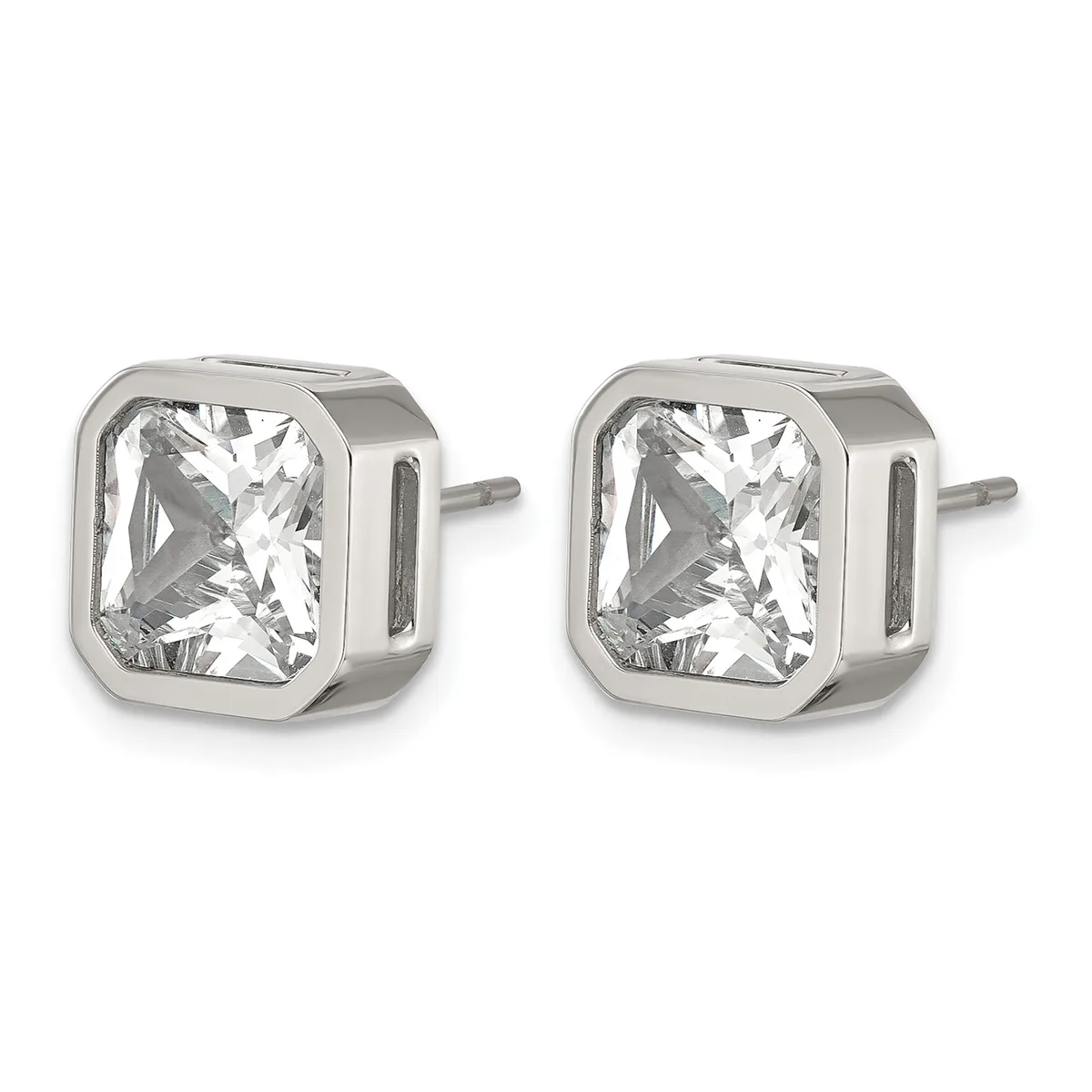 Pair of silver square stud earrings with bezel-set clear cushion-cut cubic zirconia stones and posts.