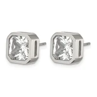 Pair of silver square stud earrings with bezel-set clear cushion-cut cubic zirconia stones and posts.