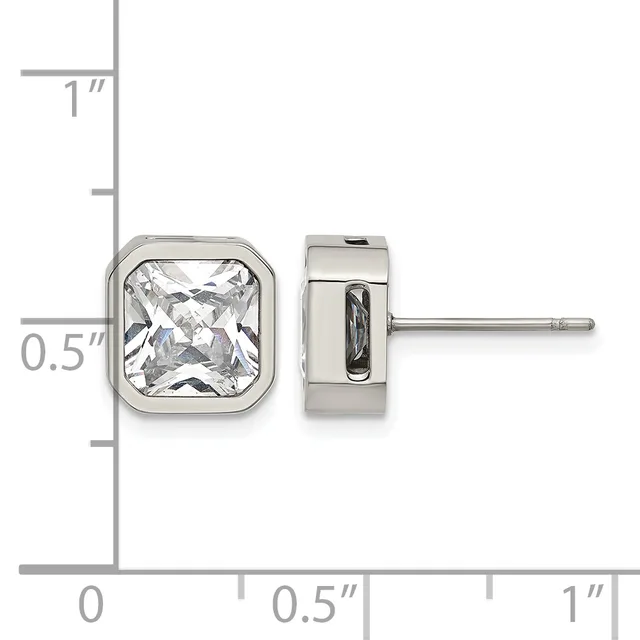 Square stud earrings with bezel-set clear gemstones displayed against a measurement ruler showing approximately half an inch in size.