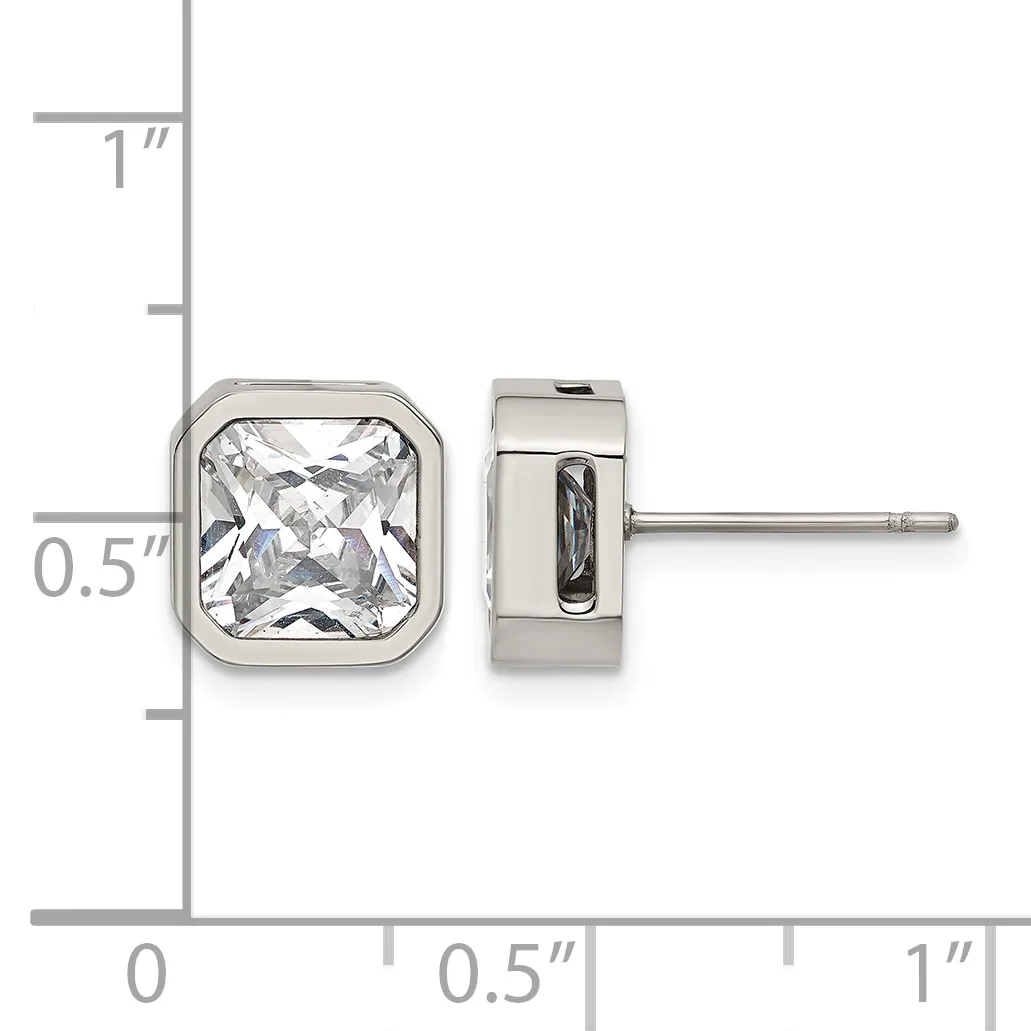 Square stud earrings with bezel-set clear gemstones displayed against a measurement ruler showing approximately half an inch in size.