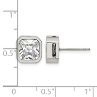 Square stud earrings with bezel-set clear gemstones displayed against a measurement ruler showing approximately half an inch in size.