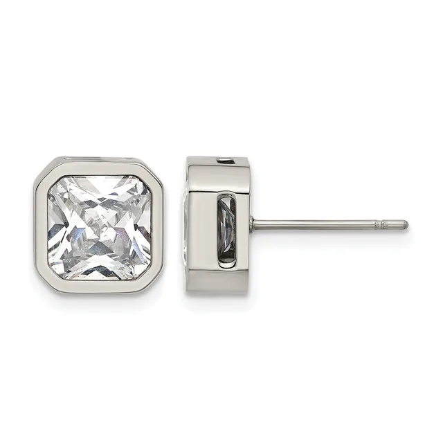 Pair of square stud earrings with bezel-set clear gemstones in polished white metal, shown from front and side views.