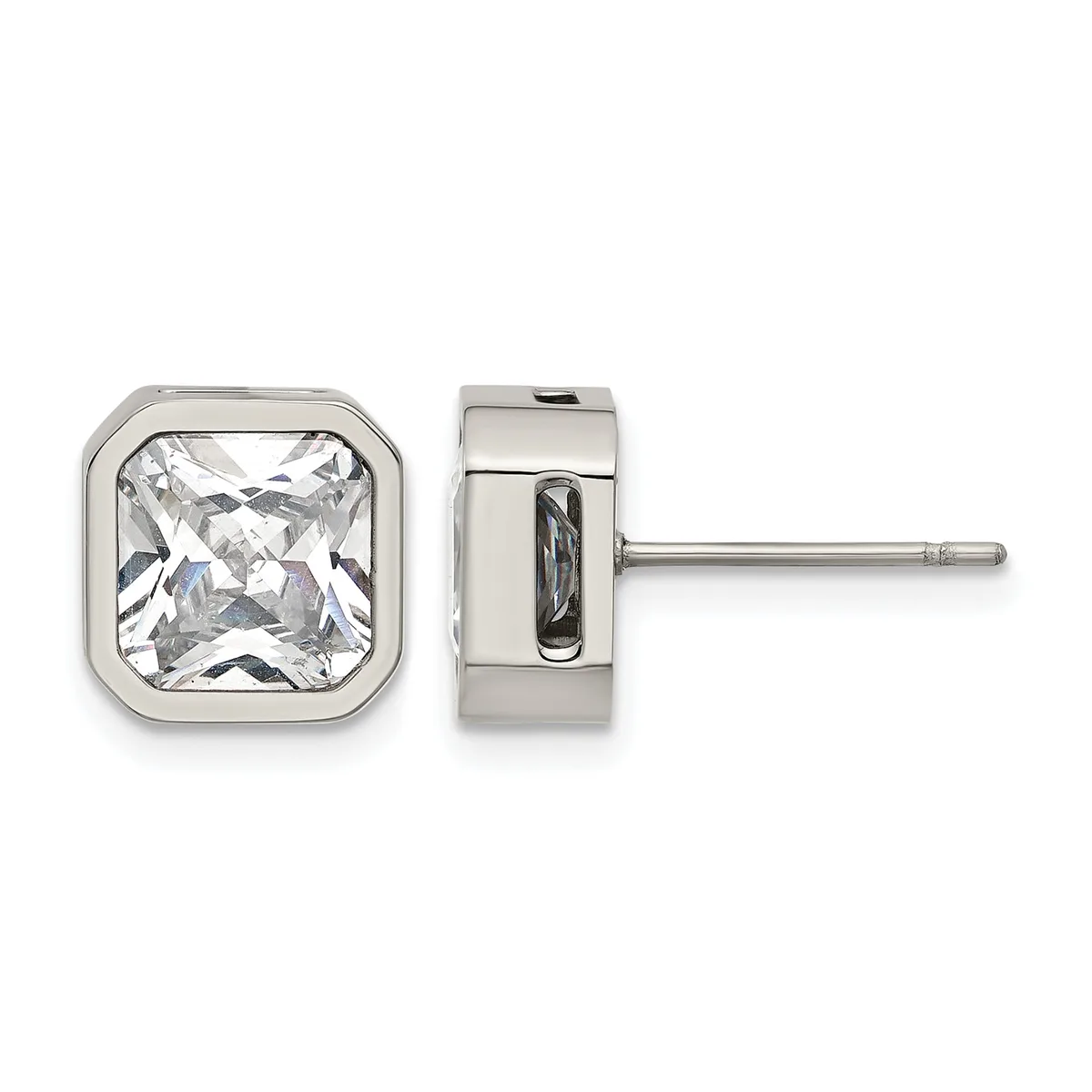 Pair of square stud earrings with bezel-set clear gemstones in polished white metal, shown from front and side views.