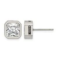 Pair of square stud earrings with bezel-set clear gemstones in polished white metal, shown from front and side views.