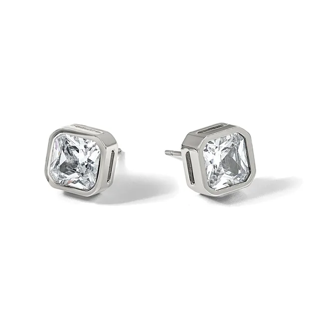 A pair of square cushion-cut diamond stud earrings set in white metal bezels, shown from the front against a white background.