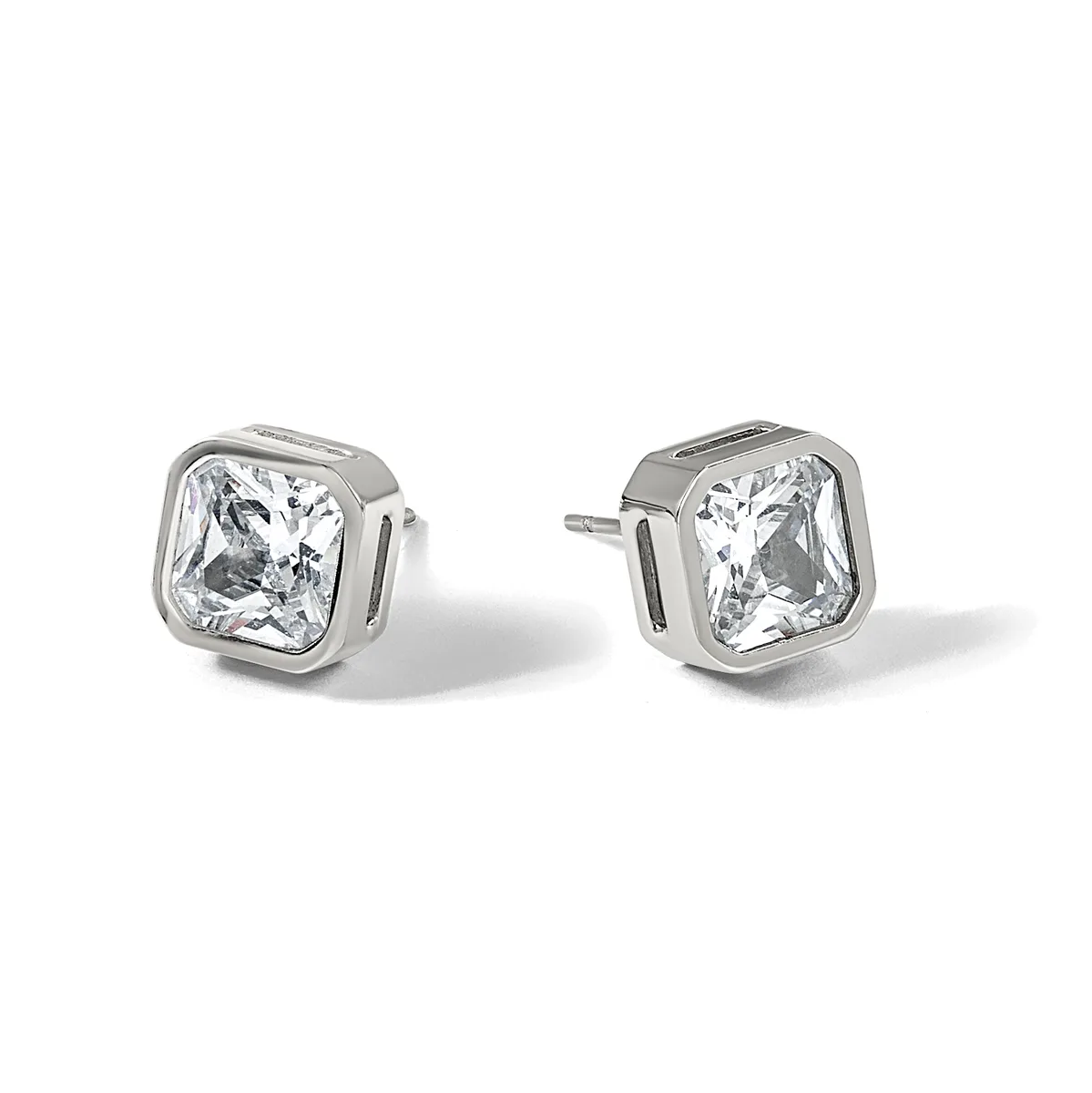 A pair of square cushion-cut diamond stud earrings set in white metal bezels, shown from the front against a white background.