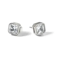A pair of square cushion-cut diamond stud earrings set in white metal bezels, shown from the front against a white background.
