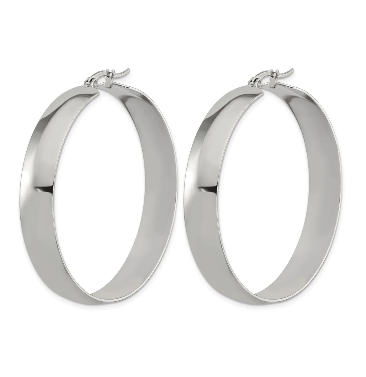 A pair of polished silver-toned hoop earrings with a wide, flat band and hinged posts, displayed against a white background.
